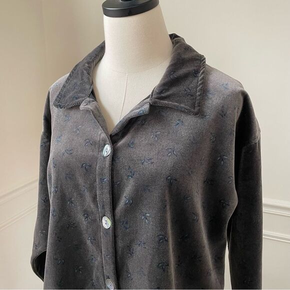 True Grit Petit Leaves Dark Grey Blue Leaf Velvet Boxy Shirt L - Picture 2 of 8